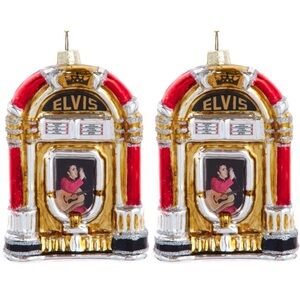 Set Of 2 Kurt Adler 5-Inch Elvis Presley Glass Jukebox Ornaments.